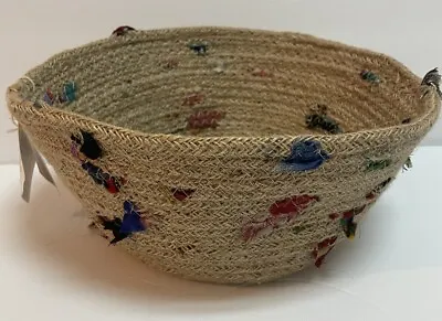 Vintage Jute Bread Basket With Woven Fabric Accents Unique Boho • $13