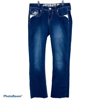 $32 • Buy Hydraulic Lola Curvy Slim Bootcut Blue Jeans Denim Pants Embellished Pockets 7/8