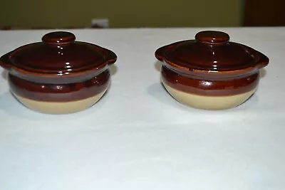 2 Monmouth Maple Leaf ~USA Pottery ~Brown Glaze Handled Soup Bowls W/Lids • $14.95