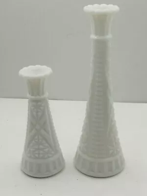 Set Of 2 Milk Glass. Stars & Bars Flower Bud Vases Vase Set 9  & 6” Vintage • $16.99