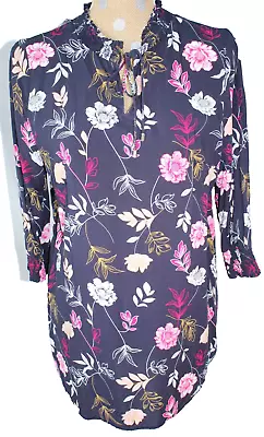 S. OLIVER Navy Blue Floral Print Blouse Top 3/4 Sleeve Viscose SIZE 10 • $9.59