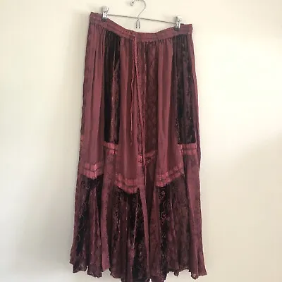 Sari Brand Velvet Lace Peasant Skirt Burgundy Red Boho Renaissance 30” + Waist • $44.99