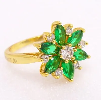 Women Green Flower Simulated Diamond Luxury Ring 7 N 24K Yellow Gold Plated UK • £18.68