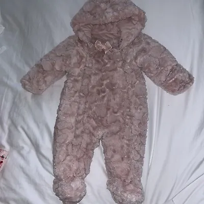Baby Girl 3-6 Mths Lovely Warm Fluffy Pink All In One Hooded Pram Suit • £5