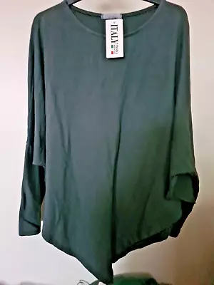 L V Clothing Italy Plain Pointy/Tunic Cotton Top Charcoal Round Neck CA1159 • $42.94