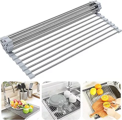 Kitchen Over The Sink Drying Rack Dish Food Drainer Stainless Steel Roll Up • $7.42