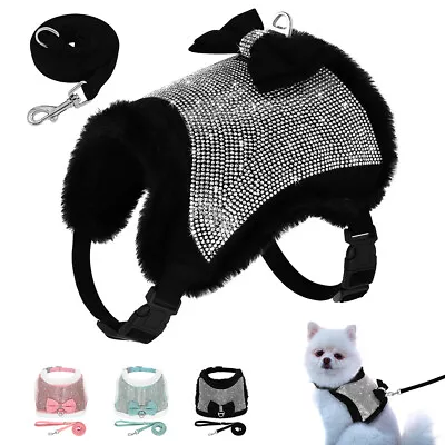£15.11 • Buy Bling Pet Dog Cat Harness And Lead Set Suede Leather Fleece Bowtie Puppy Vest
