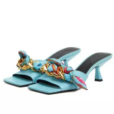 Womens Summer Faux Leather Pull On Square Toe Metal Decor Stiletto Thin Slippers • $54.59