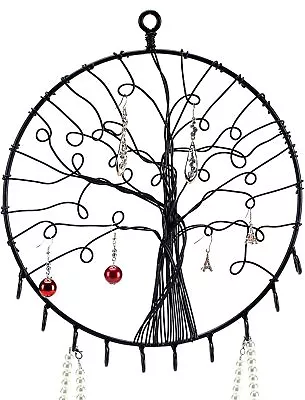 Wall Hanging Round Black Metal Tree Silhouette Jewelry Display Holder W/ Hooks • $24.99