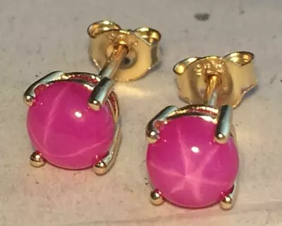 $48 • Buy Pink Star Sapphire Natural Earrings 6mm Solid Sterling Silver - 14k Gold Plated 