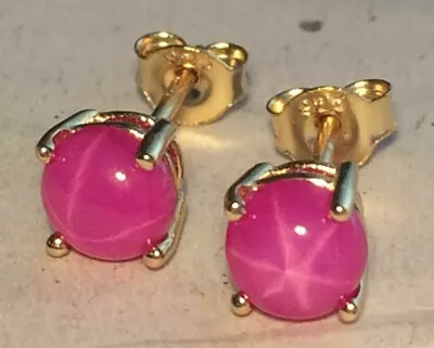 Pink Star Sapphire Natural Earrings 6mm Solid Sterling Silver - 14k Gold Plated  • $52