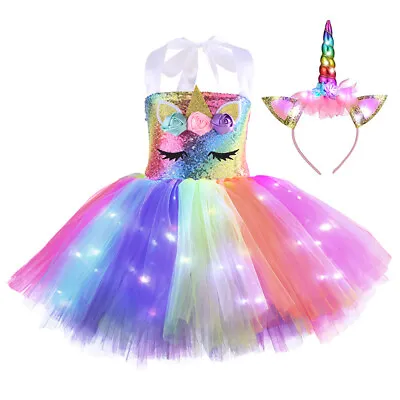 $35.79 • Buy Kid Girl Unicorn Costume LED Light Up Princess Dress Party Cosplay Headband Set