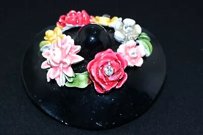 BSK My Fair Lady Black Hat Ceramic Flowers Gold Tone Brooch Pin • $35