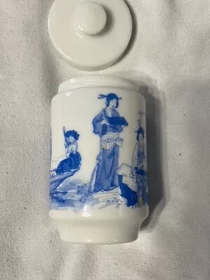 Vintage White Milk Glass Apothecary Jar Blue Asian Design Lid Made In Belgium • $9.99