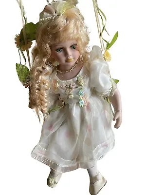 Vintage 1990s CINDY Homeart Bisque Porcelain Doll 38cm Tall On A Swing • $49.99