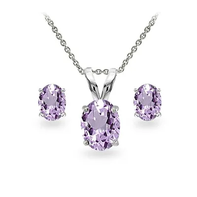 Sterling Silver Amethyst Oval-cut Solitaire Necklace And Stud Earrings Set • $24.99