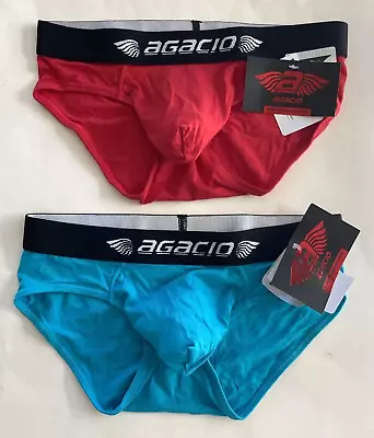 Agacio Low Rise Hip Brief 2 Lot Red Teal Soft Lycra Pouch Underwear Gay Interest • $29.95