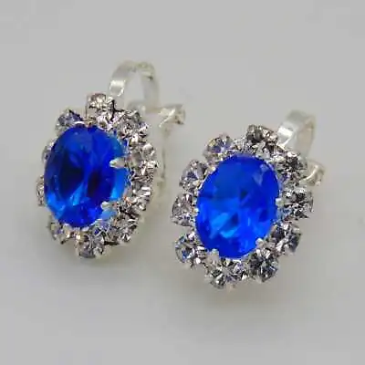 CLIP ON Earrings Oval Crystal Silver Rhinestone Fake Studs Stud Non Pierced Gift • £2.99