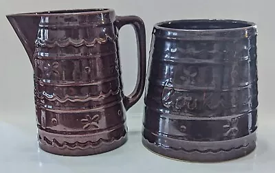 Marcrest Pitcher & Cookie Jar Oven Proof Stoneware Brown Daisy And Dot Pattern • $35.90