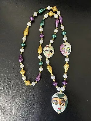 Mardi Gras Carnival Necklace Ceramic Mask Pearls Double Sided Masks 20in Long • $14.99