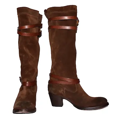 FRYE Tall Burnished Ginger Brown Suede Leather  JANE STRAPPY Slouch Boots US 8.5 • $63.99