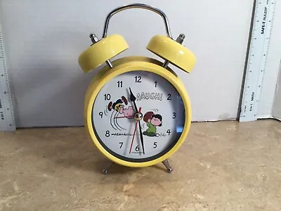 PEANUTS Charlie Brown Yellow Metal ALARM CLOCK  Lucy Football Plays Theme Song • £17.35