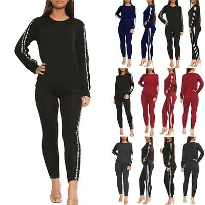 Womens Ladies Long Sleeve Side Stripes Lounge Wear Tracksuit Set Casual Comfy • £8.33