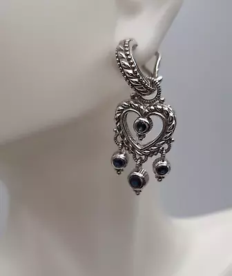 Vtg Judith Ripka Sterling Silver Omega Hoop Sapphire Heart Dangle Earrings • $110