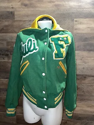 Vintage 1982 Girls Size Small Varsity Jacket With Patches And Pins  GREEN/GOLD • $60