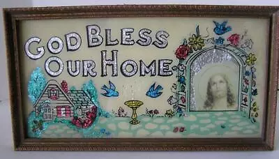 God Bless Our Home Vintage Foil Reverse Painting Picture Of Jesus FRAMED 17x9 • $21