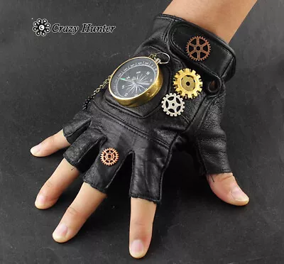 Steampunk Cosplay Compass Gears Fingerless Real Leather Gloves • $22