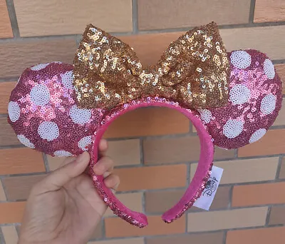 2021 Disney Parks Minnie Mouse Ears Sequin Pink Polka Dot Gold Bow Headband NEW • $11.52