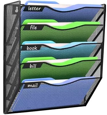 5 Pockets Wall File Holder Organizer Office Hanging Magazine Rack Wall File O... • $32.98