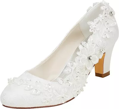 Emily Bridal Wedding Shoes Women's Silk Like Satin Chunky Heel Pumps With Lace • £25.24