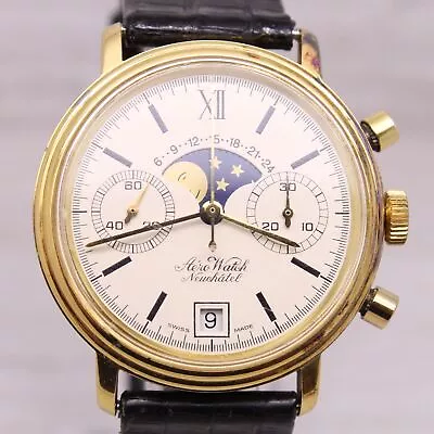 Vintage Aero Watch Neuchatel Mens 37mm Chronograph Moonphase Valjoux 7734 • $1499.99