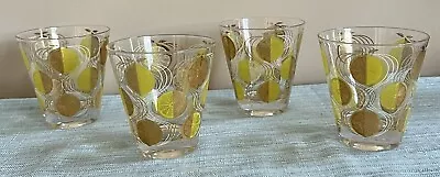 Rare Set 4 Mid Century Cera Glasses Gold Embossed Lowball Rocks Lemon Lime MCM • $59.91