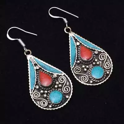 Tibetan Turquoise Coral Handmade Drop Dangle Earrings Jewelry 2.08  AE-13885 • $4.25