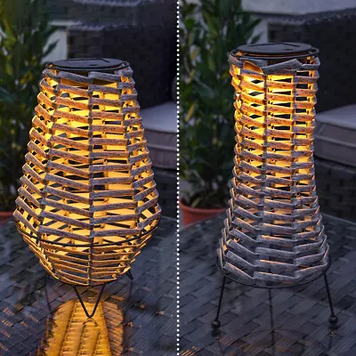 Solar Rattan LED Table Lantern Grey Free Standing Outdoor Light | Garden Patio • £13.99