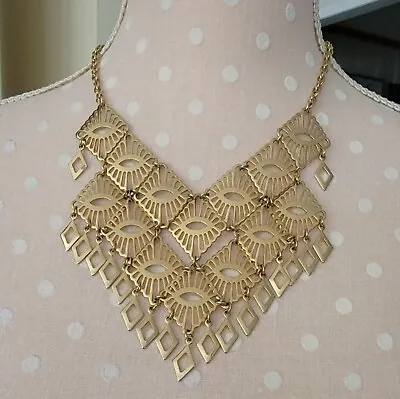 Vtg Egyptian Revival Gold Tone Statementbib Necklace W Dangles Sarah Covenrty • $40