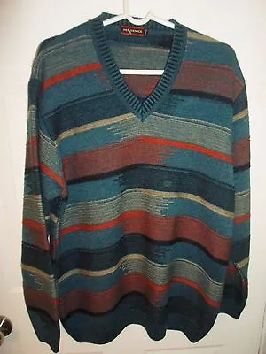 DEE VENICE Indian Blanket Pattern Textured Vneck Sweater Coral/Black/Teal LARGE • $11.99