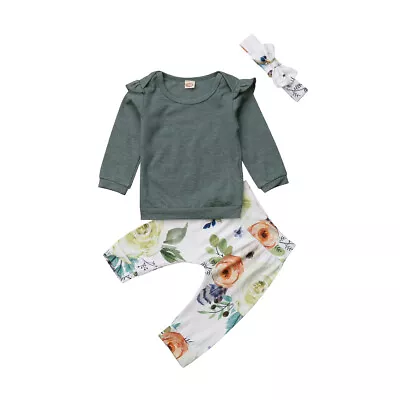 Baby Girl's Solid Color Long Sleeve Top + Floral Pants + Bowknot Headband • $11.43