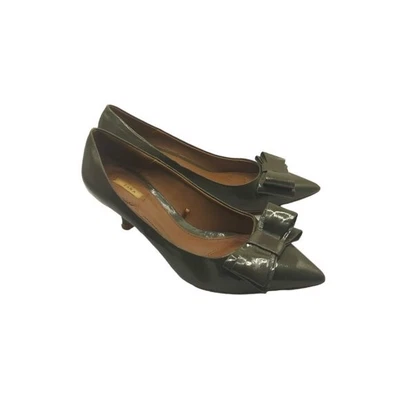 $30 • Buy Zara Womens EU 37 US 6.5 Green Patent Leather Bow Point Toe Kitten Heels