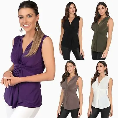 £14.99 • Buy Womens V Neck Sleeveless Blouse Plunge Top Silky Front Knot Ruched Vest Party