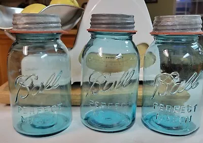 Lot Of 3 Antique Blue Glass Ball Perfect Mason Jars W/Ball Zinc/Milk Glass Lids • $32.99