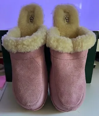 UGG Mules Size 11 Suede Kalie Pink Shearling Wood Clogs Slides  Mules Womens NEW • $100