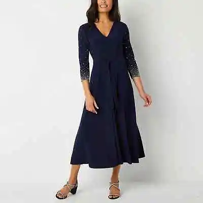 MSK Jersey Dress Size Large Navy Blue Beaded Sleeve Midi Belted NWT $89 • $22.49