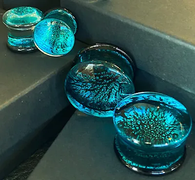 PAIR Aqua & Black Fracture Design Glass Plugs Double Flare Gauge Body Jewelry • $17.95