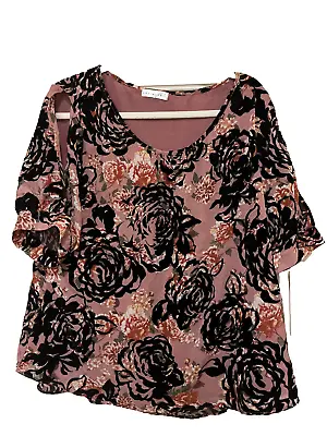Retrology Floral Blouse Pink & Black Velvet Trim XL Romantic Cold Shoulder • £4.87