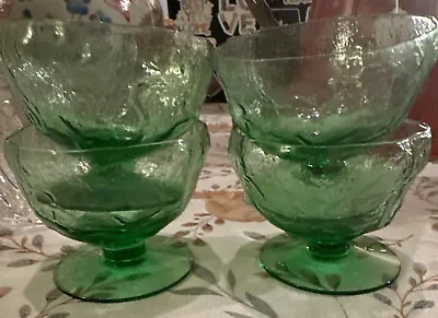 Morgan Town Crinkle Green Glass Sherbet Cups Vintage Set Of 4 • $15