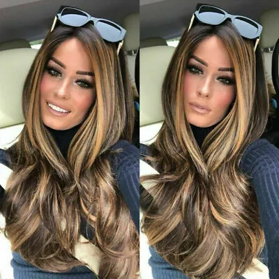 27  Long Wavy Synthetic Hair Wig Highlight Brown Blonde Ombre For Women Cosplay • $13.86